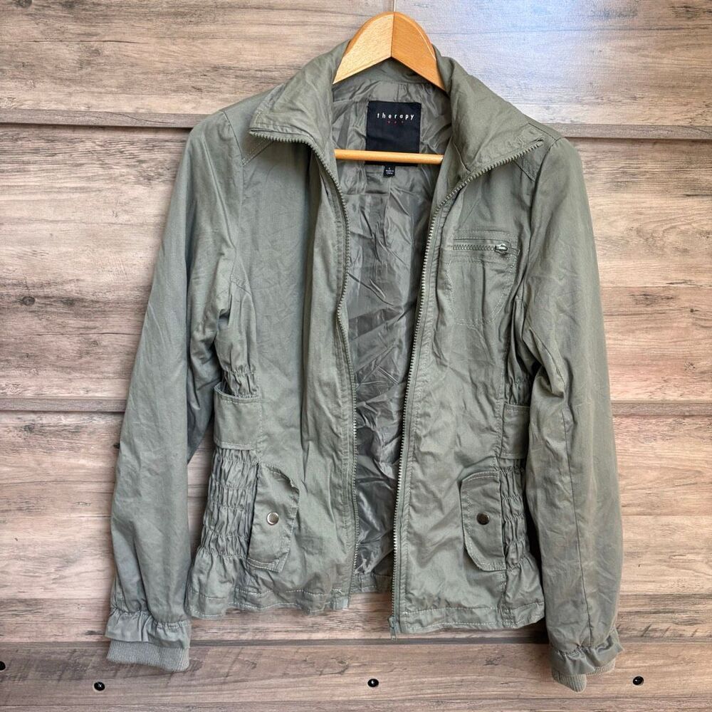 Therapy Lane Crawford L Army Green Utility Jacket Zip Front Lightweight Collared - Picture 3 of 9